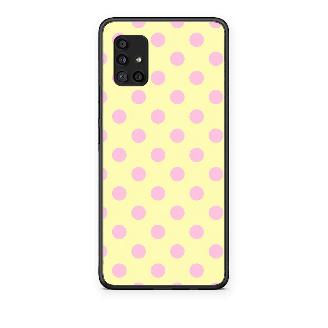 Θήκη Samsung Galaxy A51 5G Pink Polka Dots on Yellow από τη Smartfits με σχέδιο στο πίσω μέρος και μαύρο περίβλημα | Samsung Galaxy A51 5G Pink Polka Dots on Yellow case with colorful back and black bezels