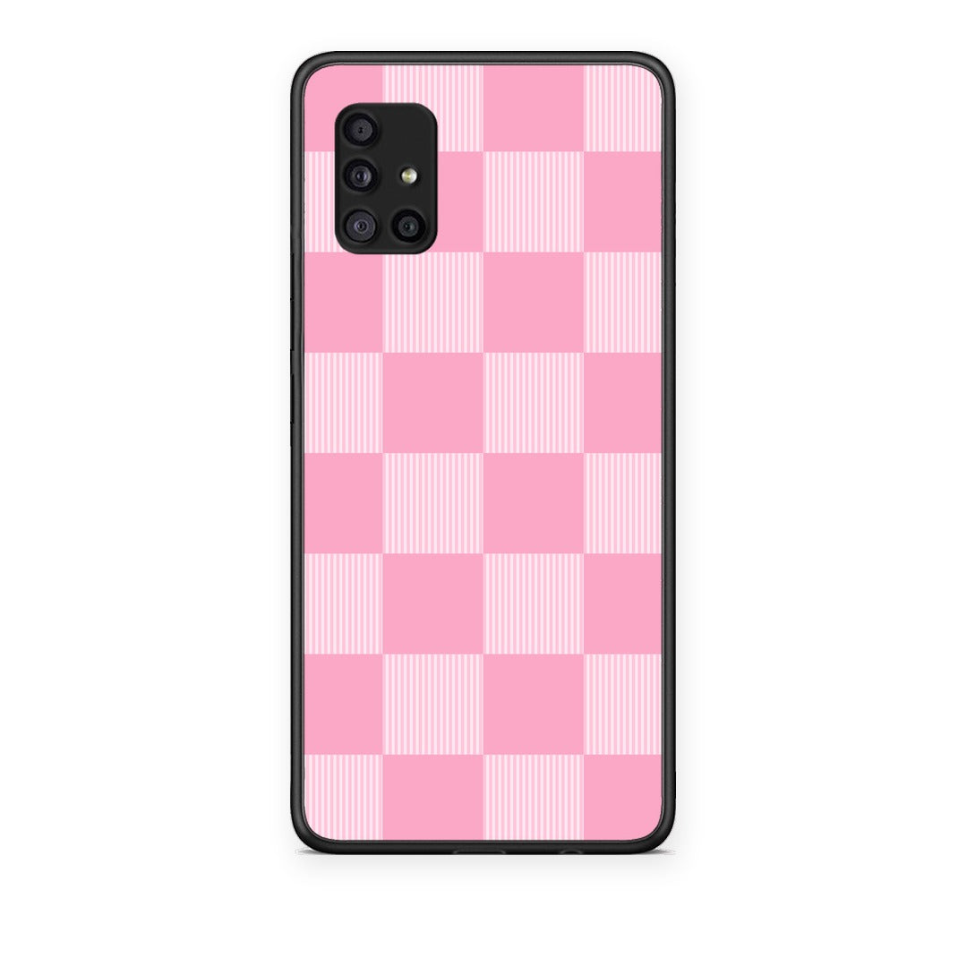 Θήκη Samsung Galaxy A51 5G Pink and White Striped Checks από τη Smartfits με σχέδιο στο πίσω μέρος και μαύρο περίβλημα | Samsung Galaxy A51 5G Pink and White Striped Checks case with colorful back and black bezels