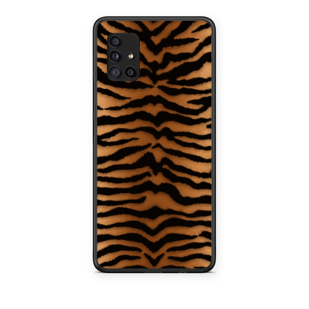 Θήκη Samsung Galaxy A51 5G Tiger Print Orange and Black από τη Smartfits με σχέδιο στο πίσω μέρος και μαύρο περίβλημα | Samsung Galaxy A51 5G Tiger Print Orange and Black case with colorful back and black bezels