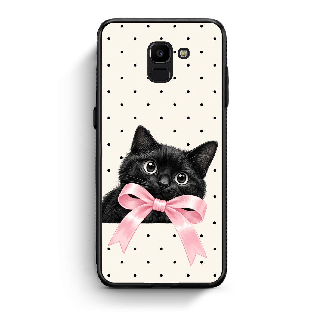 Θήκη Samsung Galaxy J6 Black Kitten Pink Bow and Polka Dots από τη Smartfits με σχέδιο στο πίσω μέρος και μαύρο περίβλημα | Samsung Galaxy J6 Black Kitten Pink Bow and Polka Dots case with colorful back and black bezels
