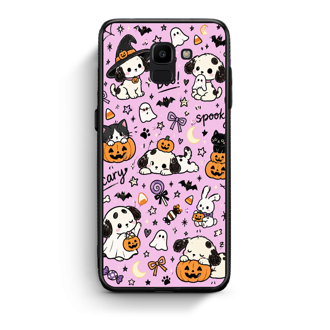 Θήκη Samsung Galaxy J6 Halloween Puppies and Friends on Lilac από τη Smartfits με σχέδιο στο πίσω μέρος και μαύρο περίβλημα | Samsung Galaxy J6 Halloween Puppies and Friends on Lilac case with colorful back and black bezels