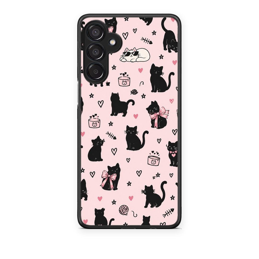 Θήκη Samsung Galaxy M15 Black Cat Doodles on Pink από τη Smartfits με σχέδιο στο πίσω μέρος και μαύρο περίβλημα | Samsung Galaxy M15 Black Cat Doodles on Pink case with colorful back and black bezels