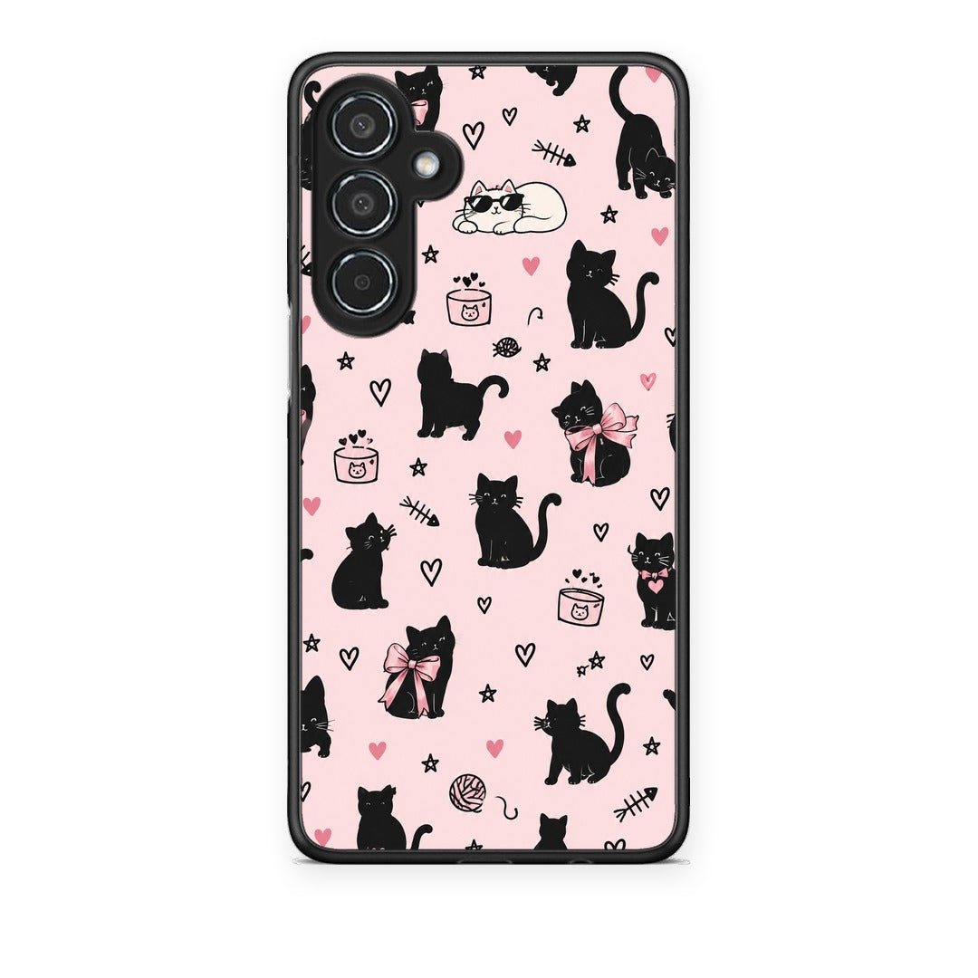 Θήκη Samsung Galaxy M35 5G Black Cat Doodles on Pink από τη Smartfits με σχέδιο στο πίσω μέρος και μαύρο περίβλημα | Samsung Galaxy M35 5G Black Cat Doodles on Pink case with colorful back and black bezels