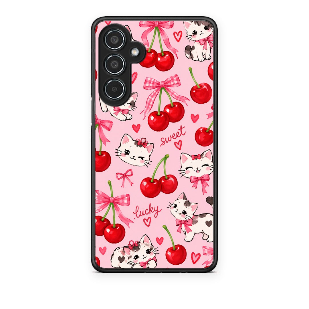 Θήκη Samsung Galaxy M35 5G Cherries Bows and Kittens on Pink από τη Smartfits με σχέδιο στο πίσω μέρος και μαύρο περίβλημα | Samsung Galaxy M35 5G Cherries Bows and Kittens on Pink case with colorful back and black bezels