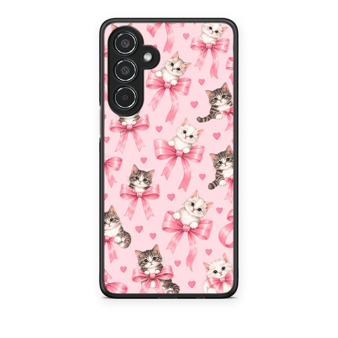 Θήκη Samsung Galaxy M35 5G Kittens and Pink Bows on Pink από τη Smartfits με σχέδιο στο πίσω μέρος και μαύρο περίβλημα | Samsung Galaxy M35 5G Kittens and Pink Bows on Pink case with colorful back and black bezels