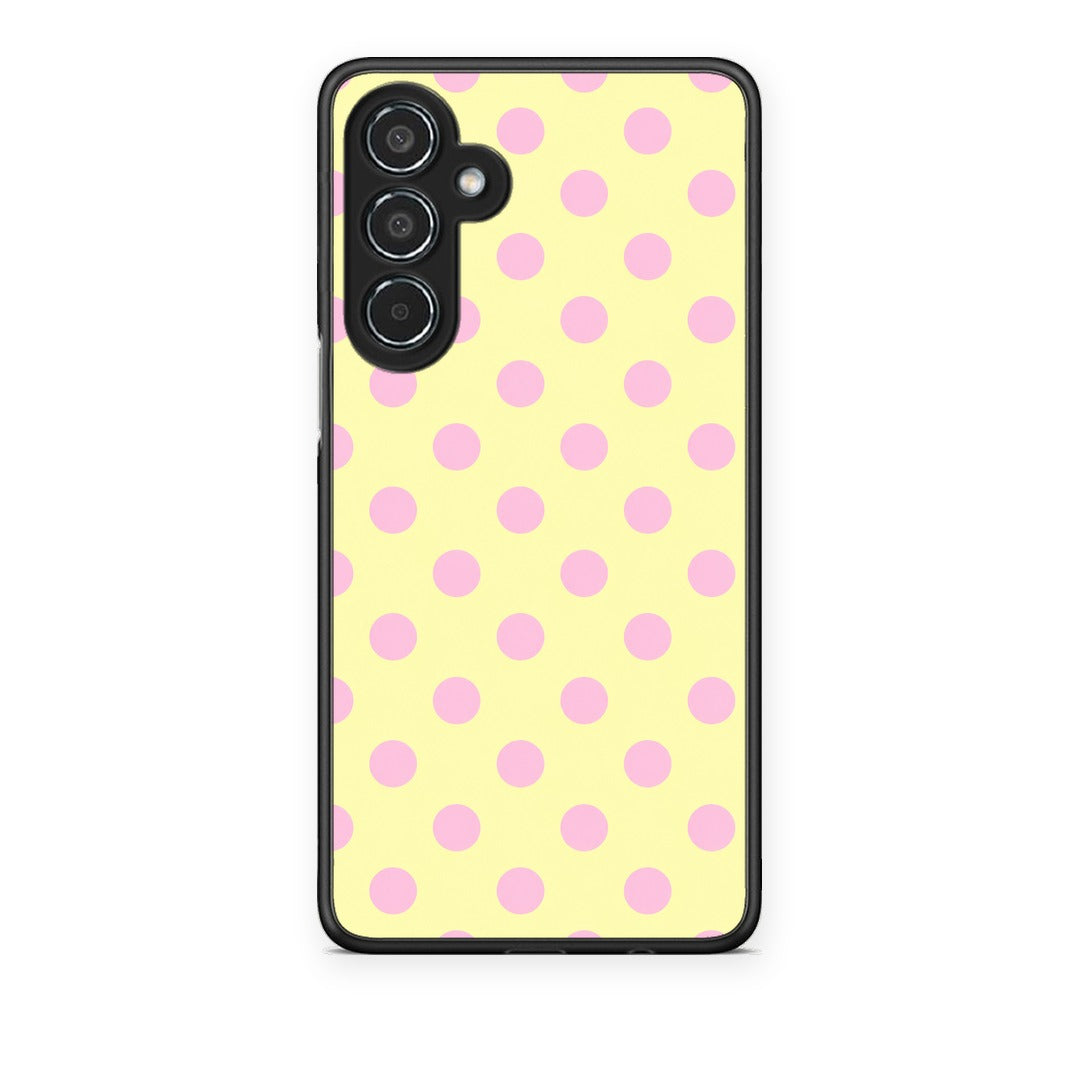Θήκη Samsung Galaxy M35 5G Pink Polka Dots on Yellow από τη Smartfits με σχέδιο στο πίσω μέρος και μαύρο περίβλημα | Samsung Galaxy M35 5G Pink Polka Dots on Yellow case with colorful back and black bezels