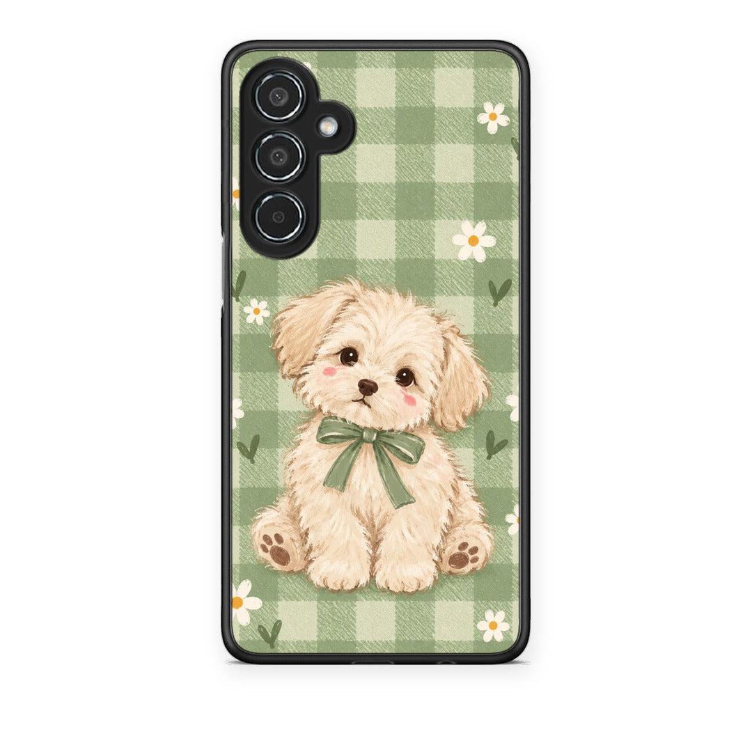 Θήκη Samsung Galaxy M35 5G Puppy and Daisies on Sage Gingham από τη Smartfits με σχέδιο στο πίσω μέρος και μαύρο περίβλημα | Samsung Galaxy M35 5G Puppy and Daisies on Sage Gingham case with colorful back and black bezels