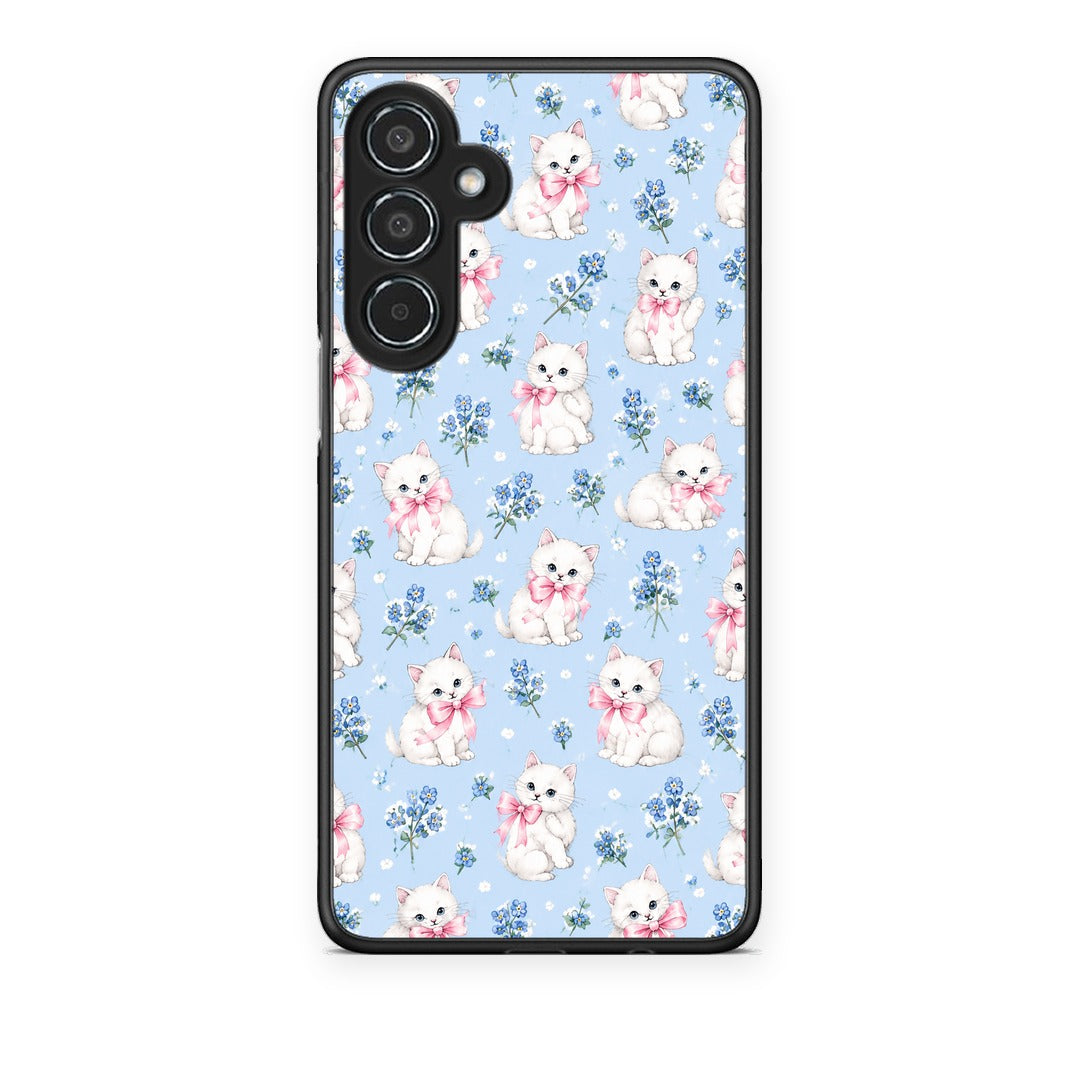 Θήκη Samsung Galaxy M35 5G White Kittens and Blue Flowers Small από τη Smartfits με σχέδιο στο πίσω μέρος και μαύρο περίβλημα | Samsung Galaxy M35 5G White Kittens and Blue Flowers Small case with colorful back and black bezels