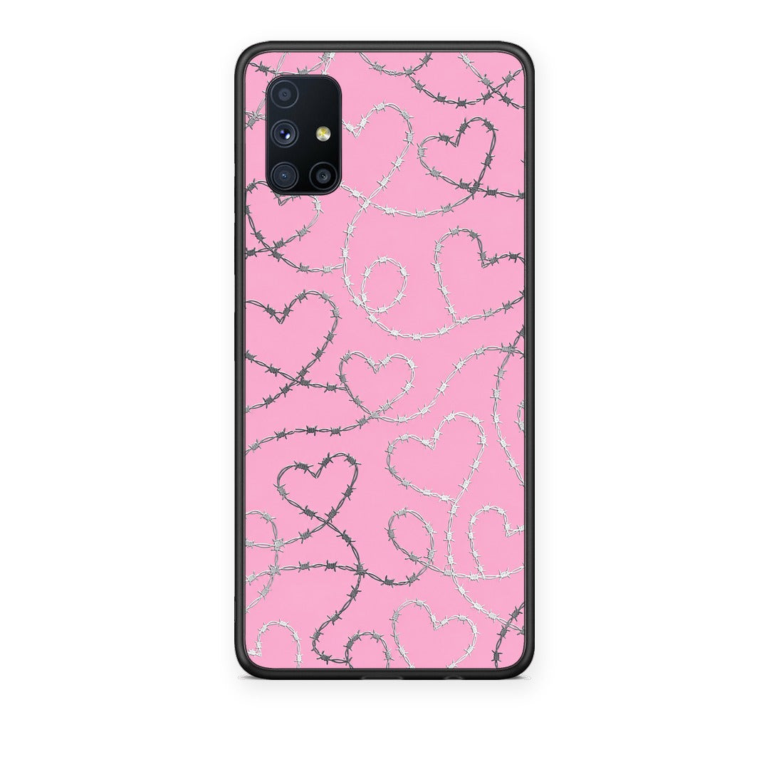 Θήκη Samsung Galaxy M51 Barbed Wire Hearts on Pink από τη Smartfits με σχέδιο στο πίσω μέρος και μαύρο περίβλημα | Samsung Galaxy M51 Barbed Wire Hearts on Pink case with colorful back and black bezels