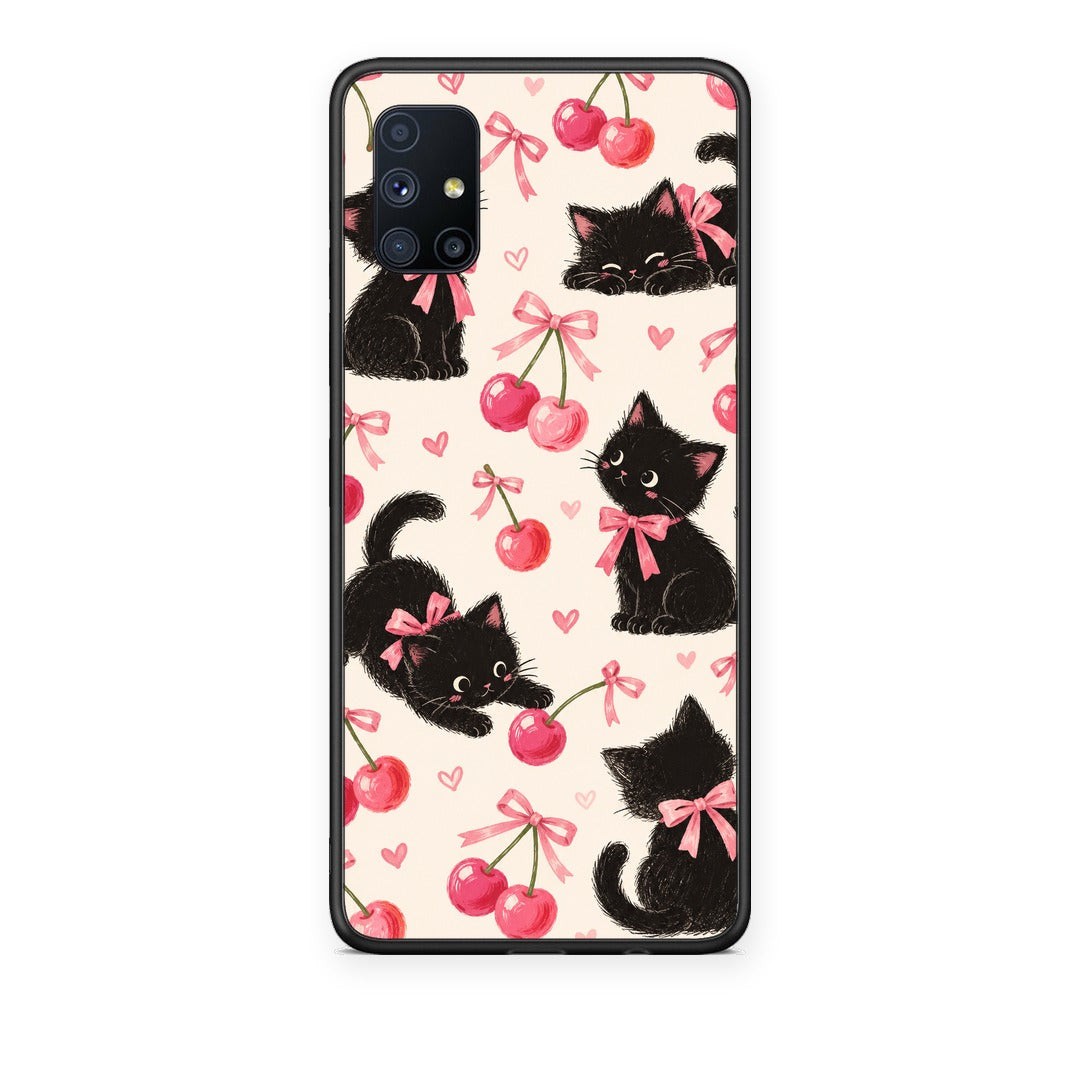 Θήκη Samsung Galaxy M51 Black Kittens and Cherries on Cream από τη Smartfits με σχέδιο στο πίσω μέρος και μαύρο περίβλημα | Samsung Galaxy M51 Black Kittens and Cherries on Cream case with colorful back and black bezels