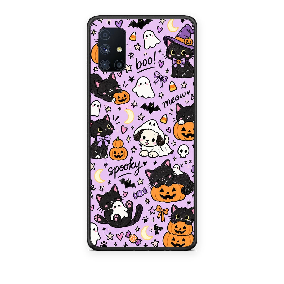 Θήκη Samsung Galaxy M51 Halloween Black Cats on Lilac από τη Smartfits με σχέδιο στο πίσω μέρος και μαύρο περίβλημα | Samsung Galaxy M51 Halloween Black Cats on Lilac case with colorful back and black bezels