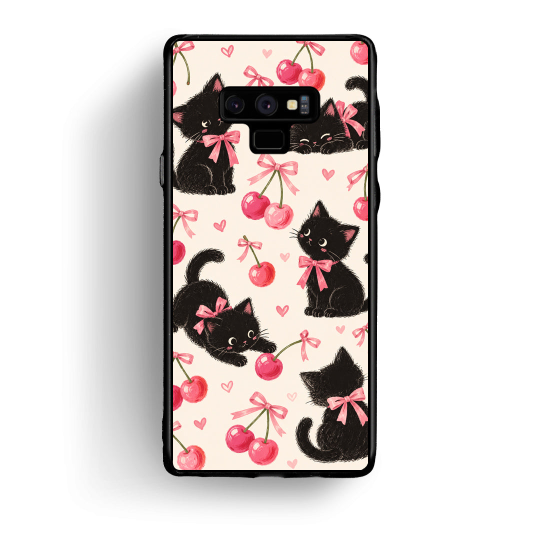 Θήκη Samsung Galaxy Note 9 Black Kittens and Cherries on Cream από τη Smartfits με σχέδιο στο πίσω μέρος και μαύρο περίβλημα | Samsung Galaxy Note 9 Black Kittens and Cherries on Cream case with colorful back and black bezels