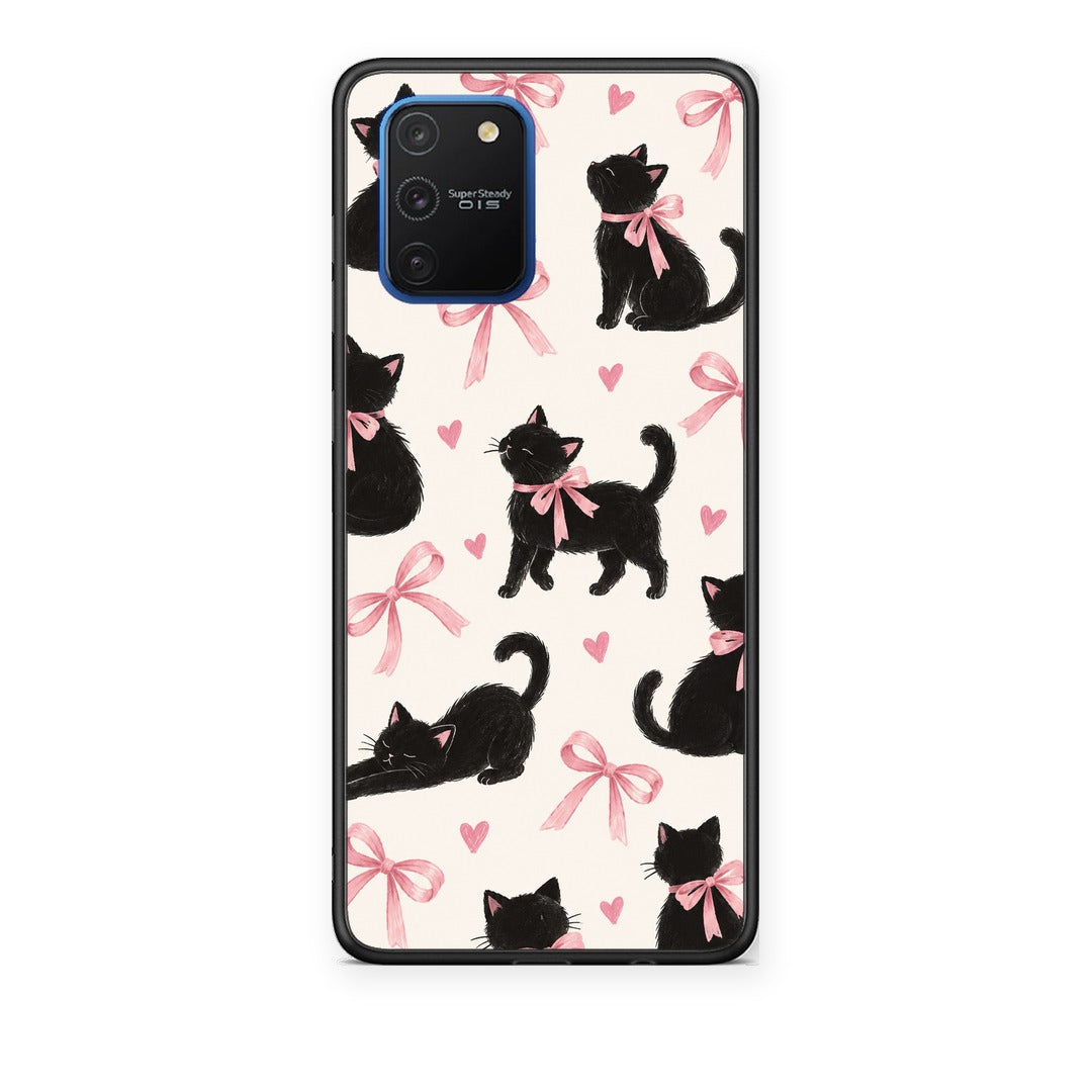 Θήκη Samsung Galaxy S10 Lite Black Kittens and Pink Bows on Cream Large από τη Smartfits με σχέδιο στο πίσω μέρος και μαύρο περίβλημα | Samsung Galaxy S10 Lite Black Kittens and Pink Bows on Cream Large case with colorful back and black bezels
