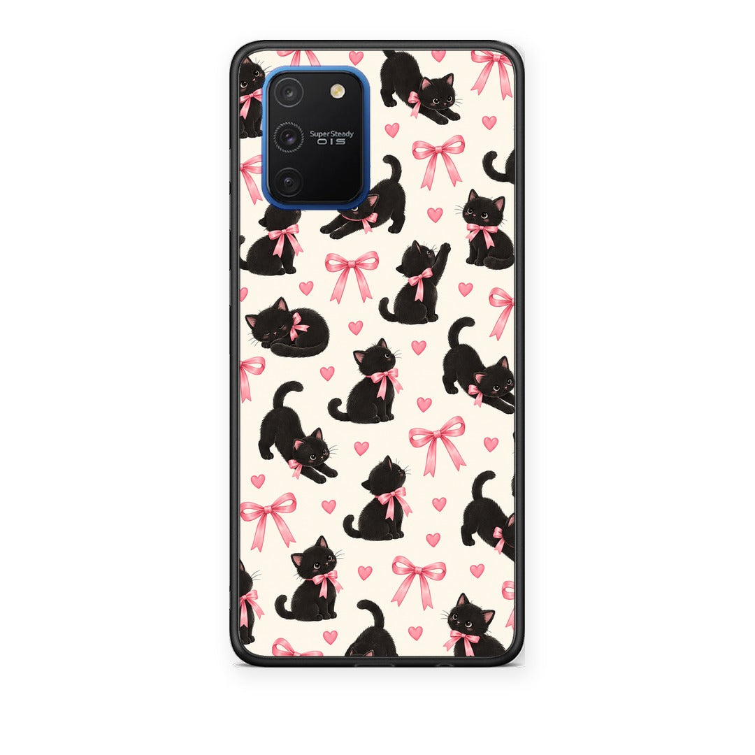 Θήκη Samsung Galaxy S10 Lite Black Kittens and Pink Bows on Cream Small από τη Smartfits με σχέδιο στο πίσω μέρος και μαύρο περίβλημα | Samsung Galaxy S10 Lite Black Kittens and Pink Bows on Cream Small case with colorful back and black bezels