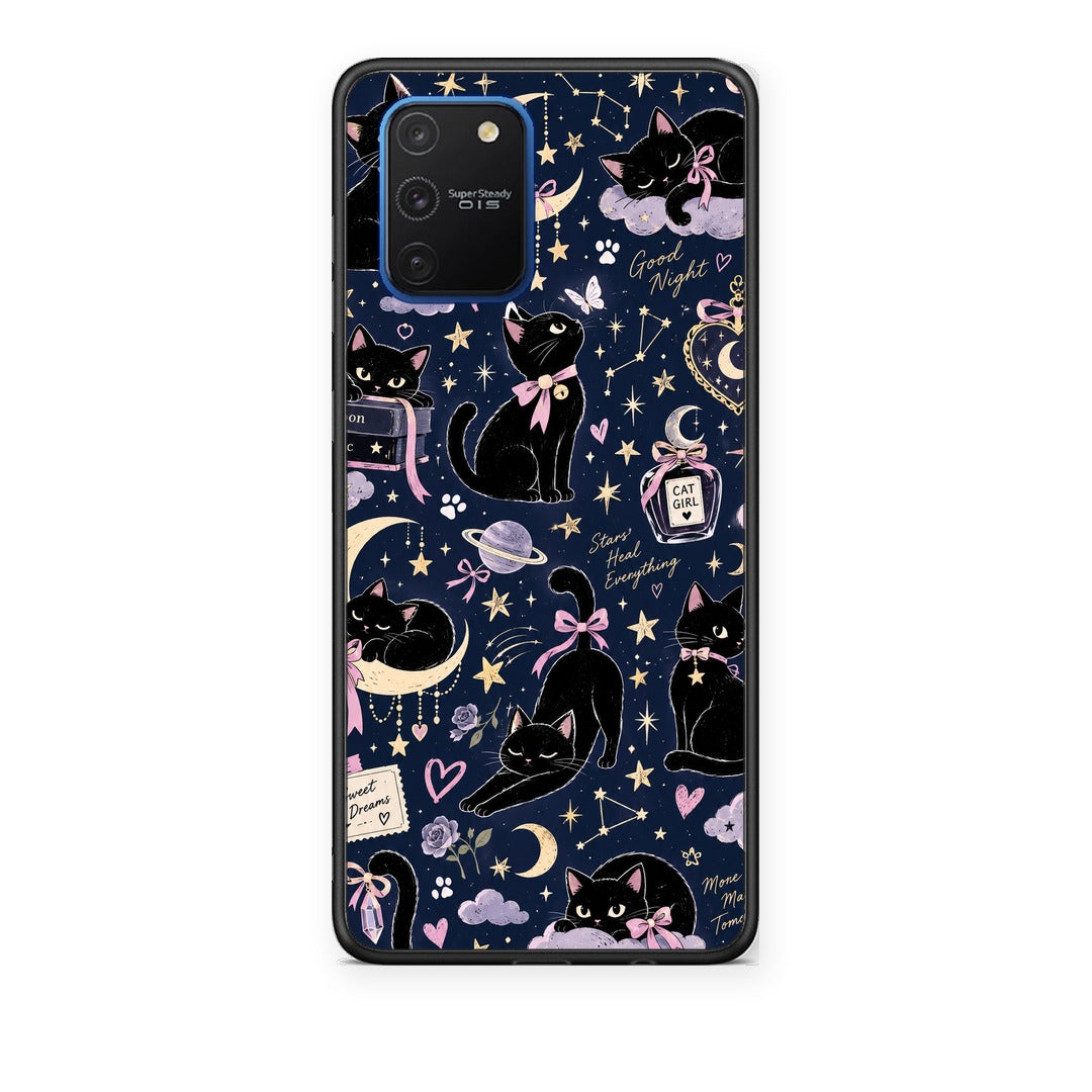 Θήκη Samsung Galaxy S10 Lite Celestial Black Cats on Navy από τη Smartfits με σχέδιο στο πίσω μέρος και μαύρο περίβλημα | Samsung Galaxy S10 Lite Celestial Black Cats on Navy case with colorful back and black bezels