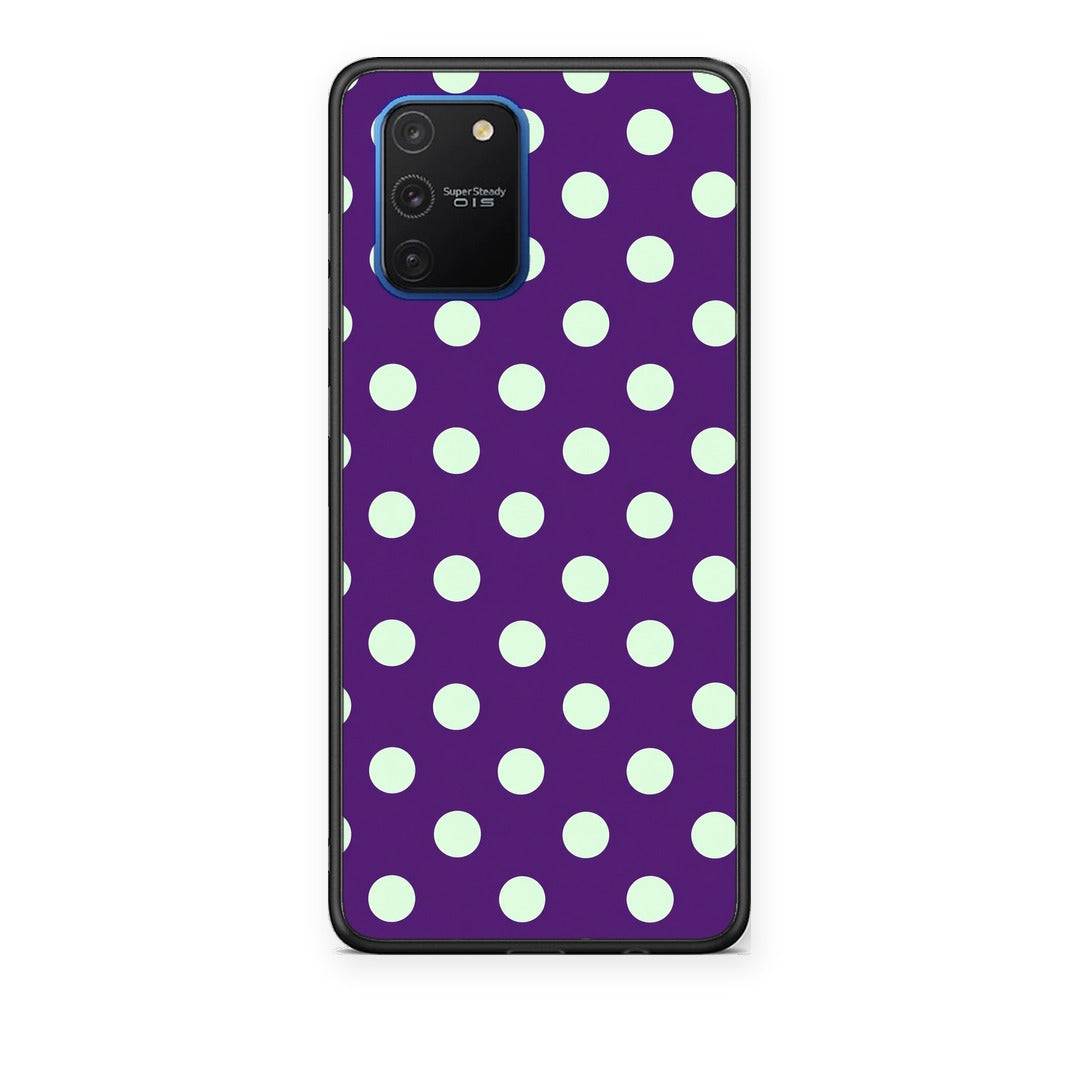 Θήκη Samsung Galaxy S10 Lite Mint Polka Dots on Purple από τη Smartfits με σχέδιο στο πίσω μέρος και μαύρο περίβλημα | Samsung Galaxy S10 Lite Mint Polka Dots on Purple case with colorful back and black bezels