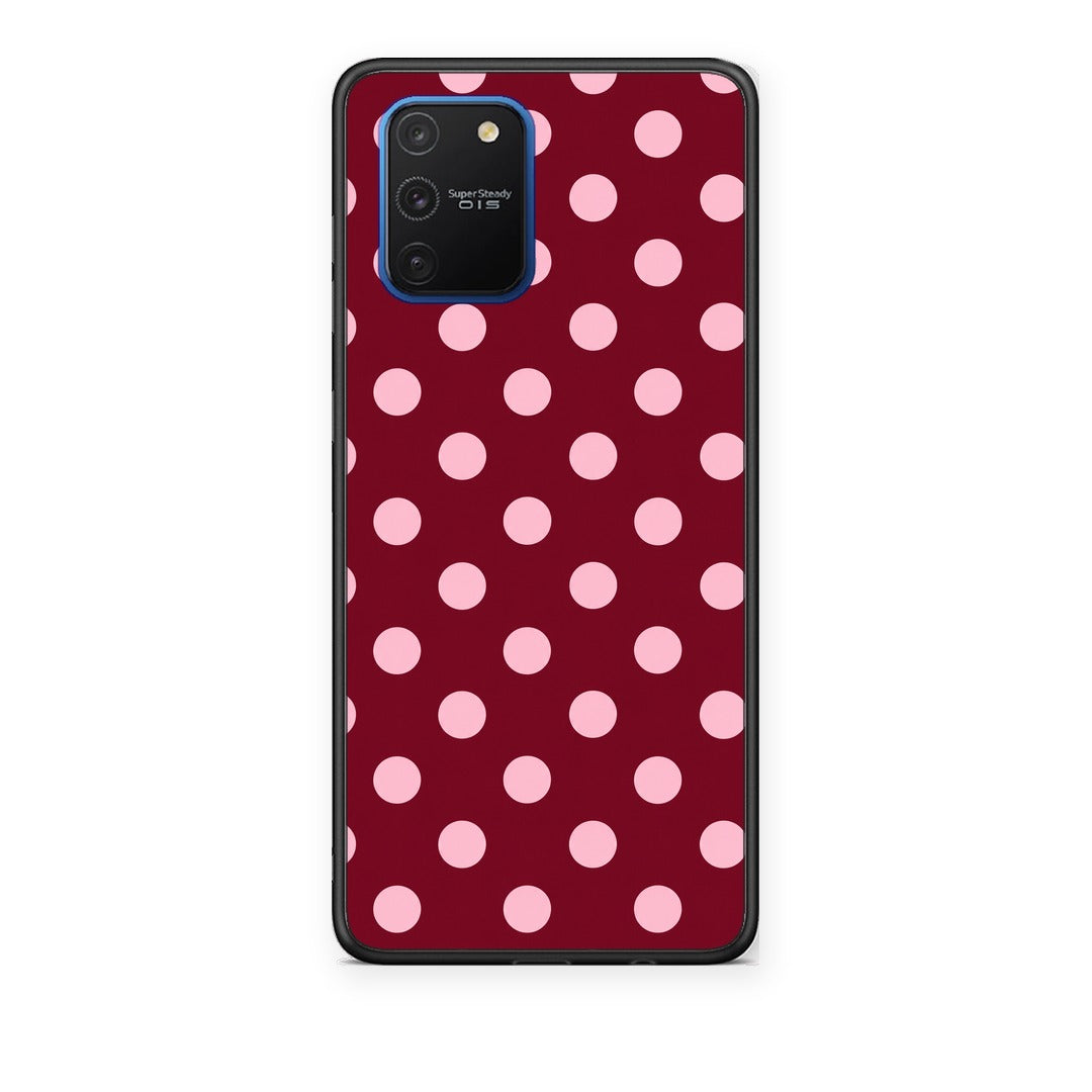 Θήκη Samsung Galaxy S10 Lite Pink Polka Dots on Burgundy από τη Smartfits με σχέδιο στο πίσω μέρος και μαύρο περίβλημα | Samsung Galaxy S10 Lite Pink Polka Dots on Burgundy case with colorful back and black bezels