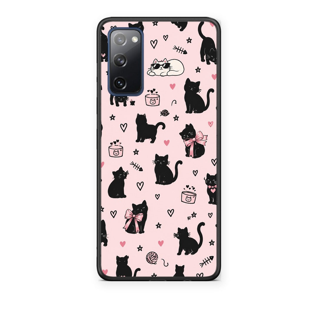 Θήκη Samsung Galaxy S20 FE Black Cat Doodles on Pink από τη Smartfits με σχέδιο στο πίσω μέρος και μαύρο περίβλημα | Samsung Galaxy S20 FE Black Cat Doodles on Pink case with colorful back and black bezels
