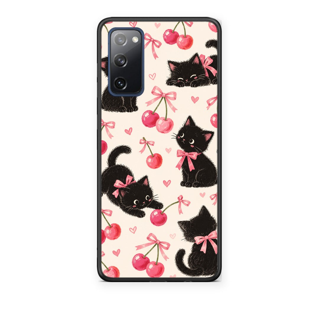 Θήκη Samsung Galaxy S20 FE Black Kittens and Cherries on Cream από τη Smartfits με σχέδιο στο πίσω μέρος και μαύρο περίβλημα | Samsung Galaxy S20 FE Black Kittens and Cherries on Cream case with colorful back and black bezels