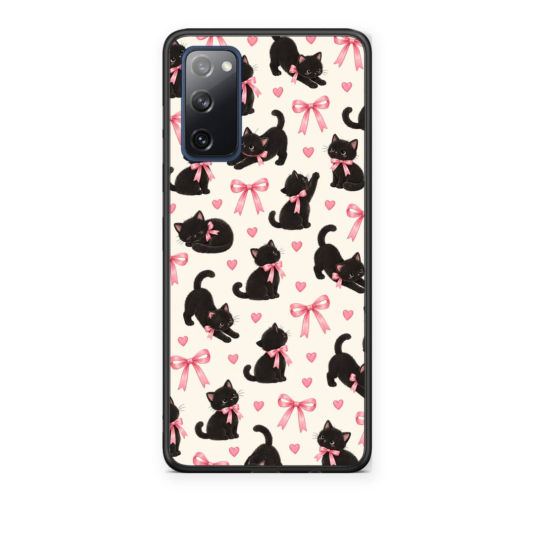 Θήκη Samsung Galaxy S20 FE Black Kittens and Pink Bows on Cream Small από τη Smartfits με σχέδιο στο πίσω μέρος και μαύρο περίβλημα | Samsung Galaxy S20 FE Black Kittens and Pink Bows on Cream Small case with colorful back and black bezels