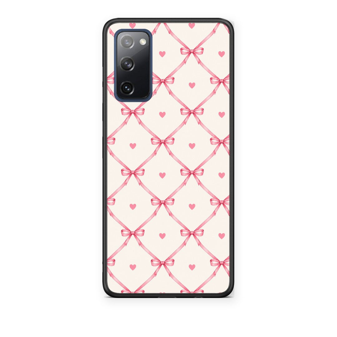 Θήκη Samsung Galaxy S20 FE Pink Bow Lattice and Hearts on Cream από τη Smartfits με σχέδιο στο πίσω μέρος και μαύρο περίβλημα | Samsung Galaxy S20 FE Pink Bow Lattice and Hearts on Cream case with colorful back and black bezels