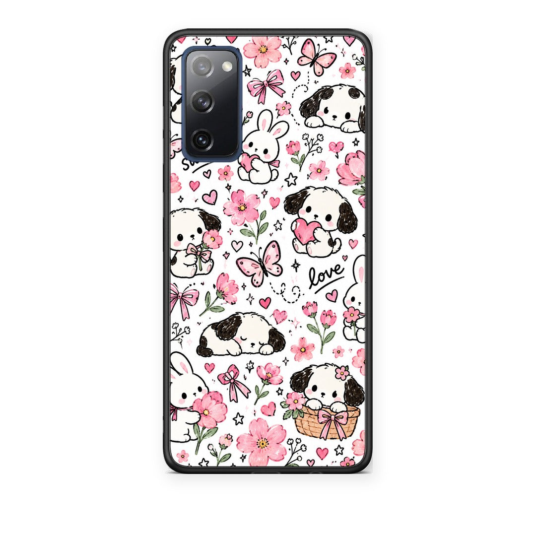 Θήκη Samsung Galaxy S20 FE Pink Florals Puppies and Bunnies on White από τη Smartfits με σχέδιο στο πίσω μέρος και μαύρο περίβλημα | Samsung Galaxy S20 FE Pink Florals Puppies and Bunnies on White case with colorful back and black bezels