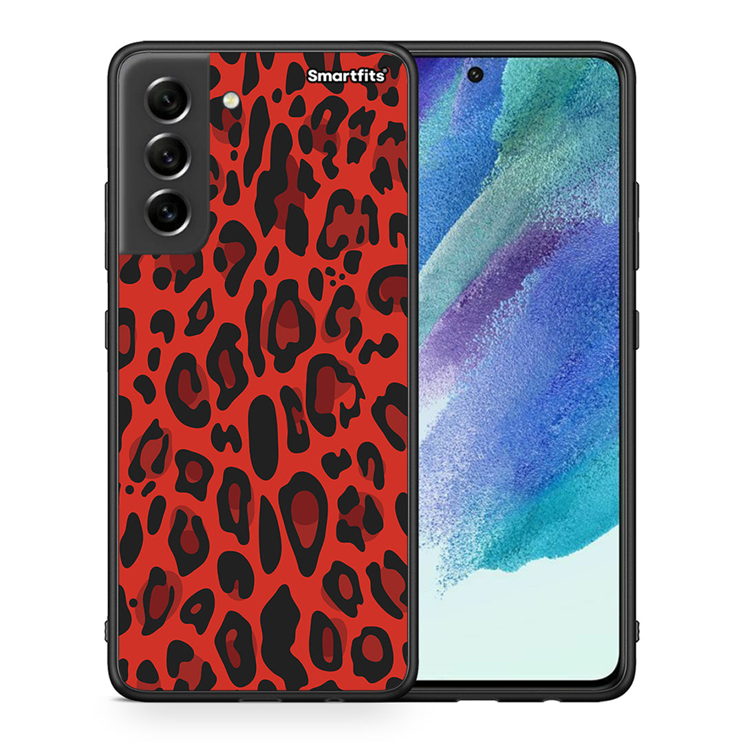 Θήκη Samsung S21 FE Red Leopard Animal από τη Smartfits με σχέδιο στο πίσω μέρος και μαύρο περίβλημα | Samsung S21 FE Red Leopard Animal case with colorful back and black bezels