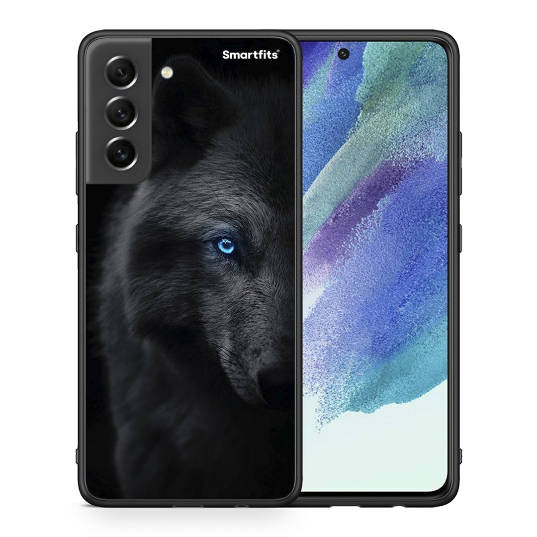Θήκη Samsung S21 FE Dark Wolf από τη Smartfits με σχέδιο στο πίσω μέρος και μαύρο περίβλημα | Samsung S21 FE Dark Wolf case with colorful back and black bezels