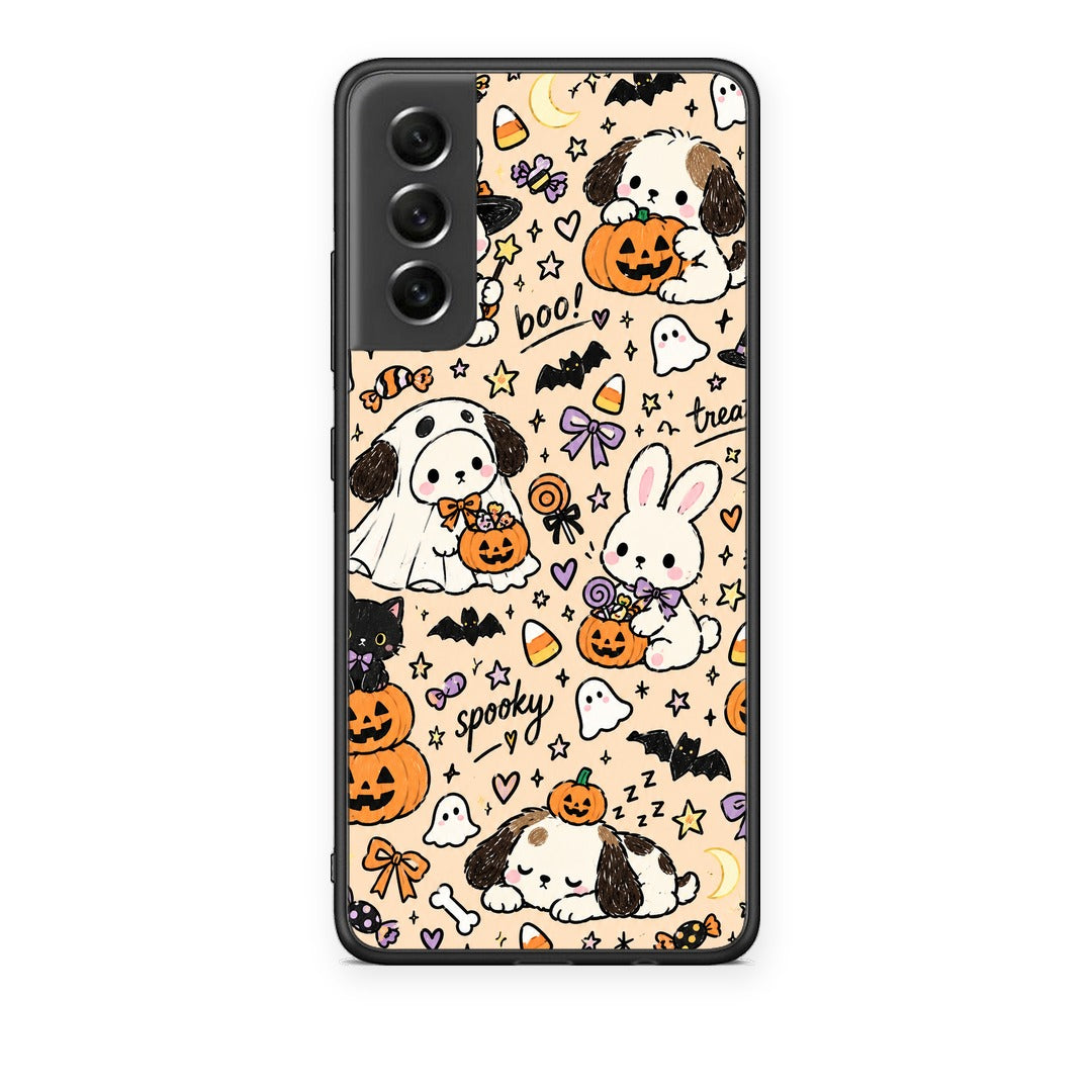 Θήκη Samsung Galaxy S21 FE Halloween Puppies and Friends on Cream από τη Smartfits με σχέδιο στο πίσω μέρος και μαύρο περίβλημα | Samsung Galaxy S21 FE Halloween Puppies and Friends on Cream case with colorful back and black bezels
