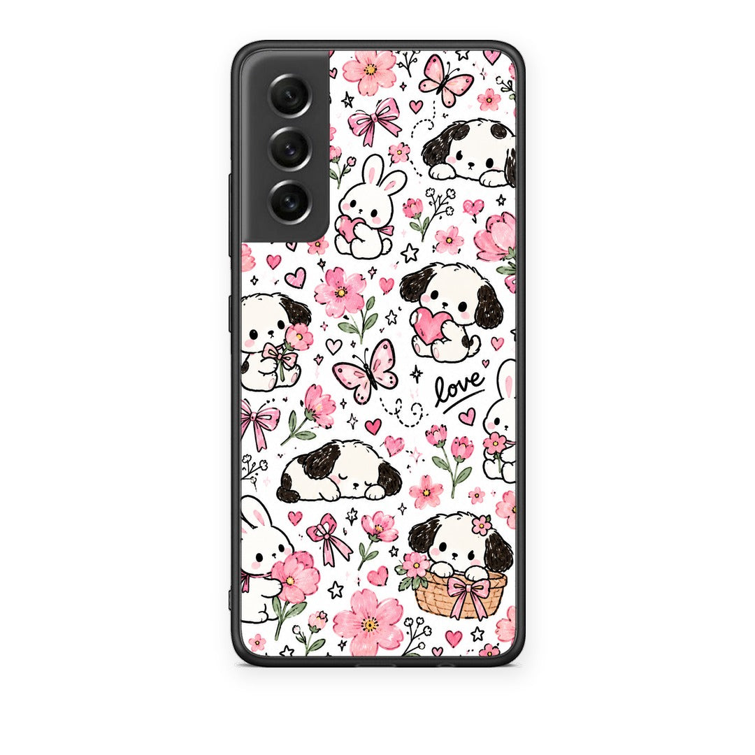 Θήκη Samsung Galaxy S21 FE Pink Florals Puppies and Bunnies on White από τη Smartfits με σχέδιο στο πίσω μέρος και μαύρο περίβλημα | Samsung Galaxy S21 FE Pink Florals Puppies and Bunnies on White case with colorful back and black bezels