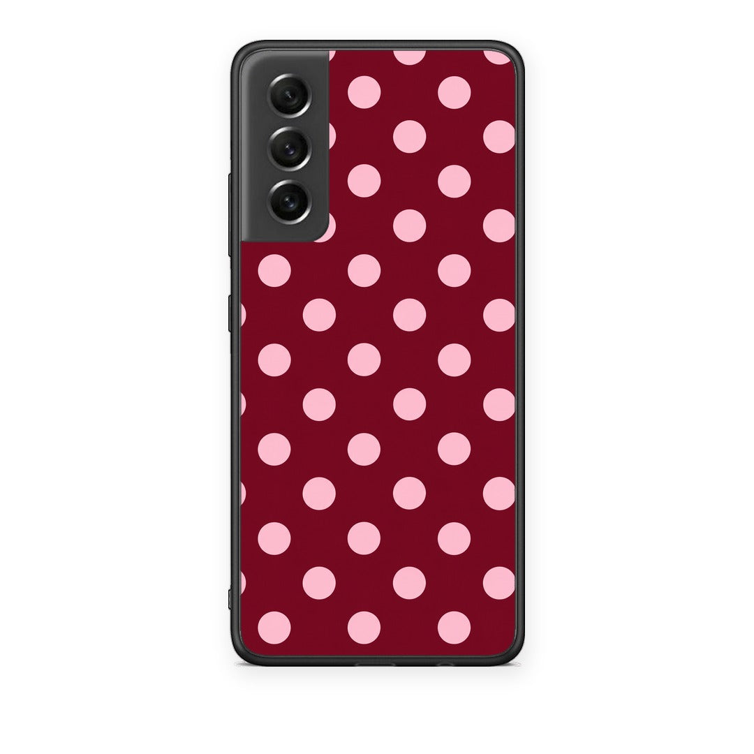 Θήκη Samsung Galaxy S21 FE Pink Polka Dots on Burgundy από τη Smartfits με σχέδιο στο πίσω μέρος και μαύρο περίβλημα | Samsung Galaxy S21 FE Pink Polka Dots on Burgundy case with colorful back and black bezels