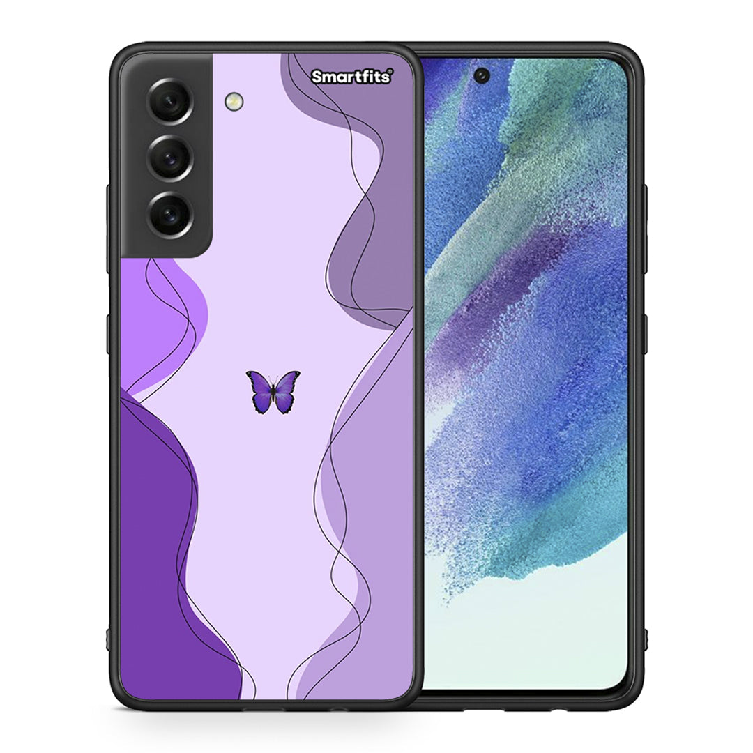 Θήκη Αγίου Βαλεντίνου Samsung S21 FE Purple Mariposa από τη Smartfits με σχέδιο στο πίσω μέρος και μαύρο περίβλημα | Samsung S21 FE Purple Mariposa case with colorful back and black bezels