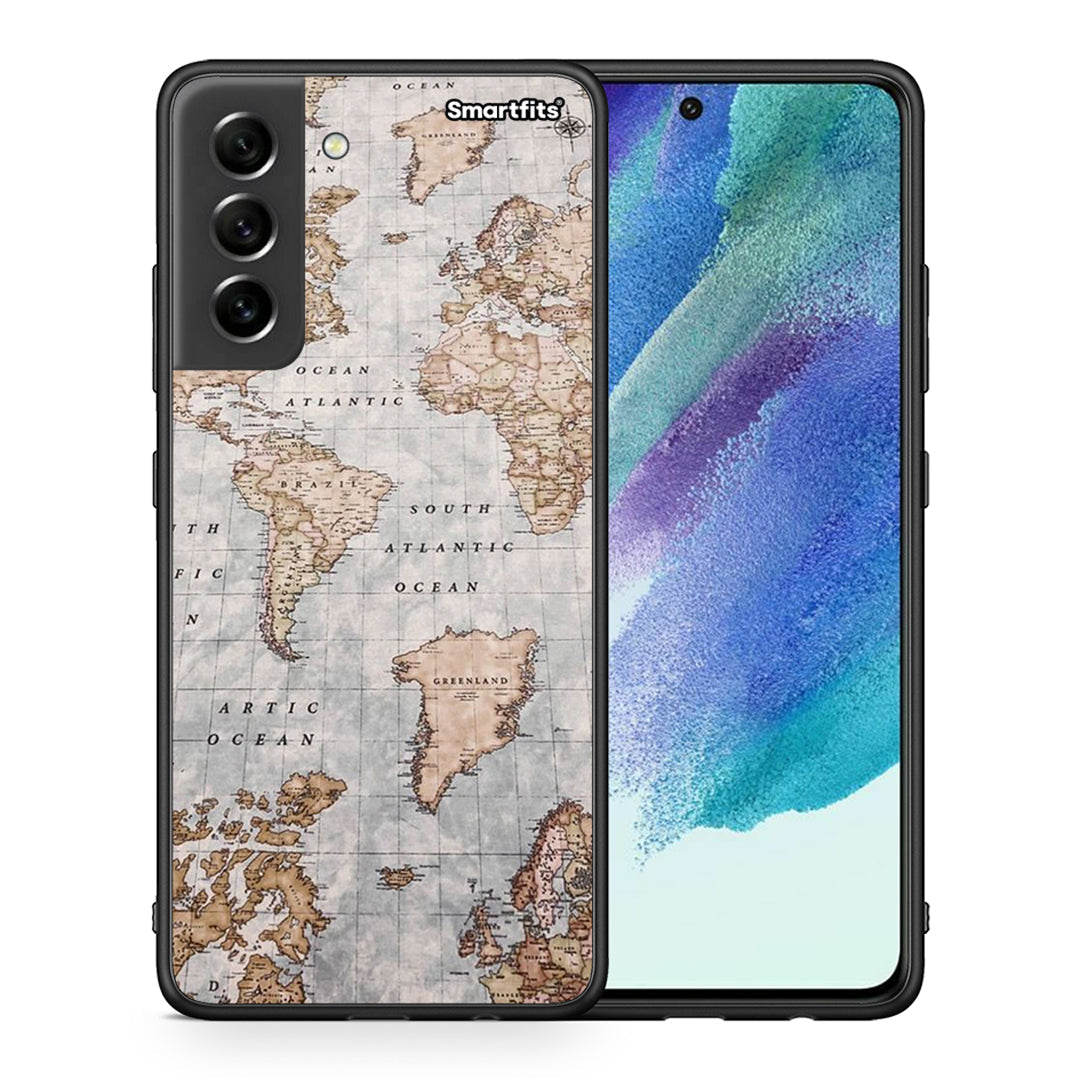Θήκη Samsung S21 FE World Map από τη Smartfits με σχέδιο στο πίσω μέρος και μαύρο περίβλημα | Samsung S21 FE World Map case with colorful back and black bezels