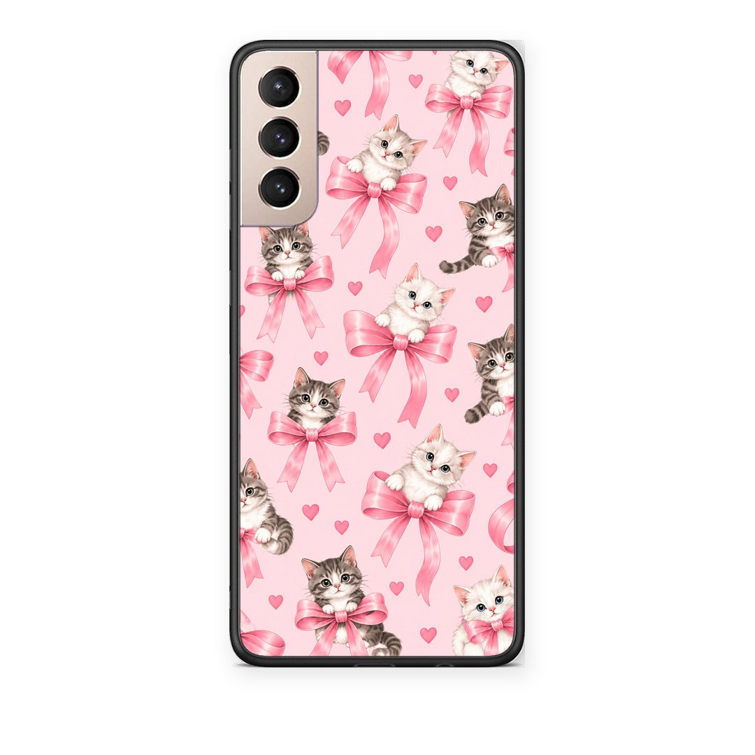 Θήκη Samsung Galaxy S21+ Kittens and Pink Bows on Pink από τη Smartfits με σχέδιο στο πίσω μέρος και μαύρο περίβλημα | Samsung Galaxy S21+ Kittens and Pink Bows on Pink case with colorful back and black bezels