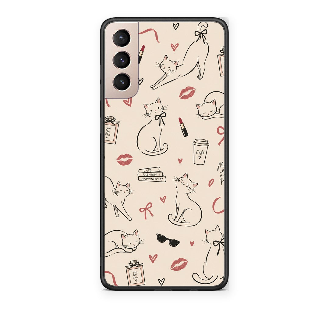 Θήκη Samsung Galaxy S21+ Minimal Cat and Fashion Doodles on Cream από τη Smartfits με σχέδιο στο πίσω μέρος και μαύρο περίβλημα | Samsung Galaxy S21+ Minimal Cat and Fashion Doodles on Cream case with colorful back and black bezels