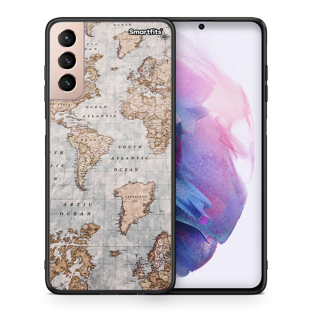 Θήκη Samsung S21+ World Map από τη Smartfits με σχέδιο στο πίσω μέρος και μαύρο περίβλημα | Samsung S21+ World Map case with colorful back and black bezels