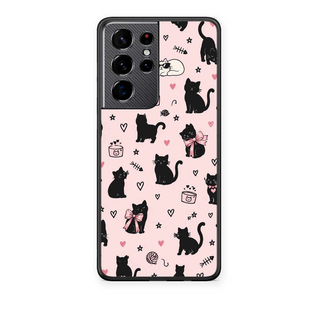Θήκη Samsung Galaxy S21 Ultra Black Cat Doodles on Pink από τη Smartfits με σχέδιο στο πίσω μέρος και μαύρο περίβλημα | Samsung Galaxy S21 Ultra Black Cat Doodles on Pink case with colorful back and black bezels