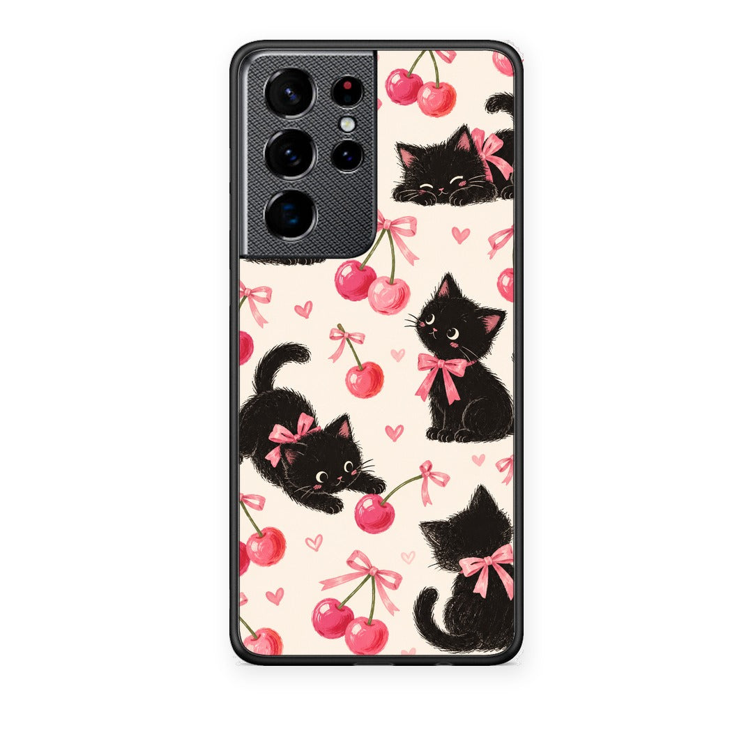 Θήκη Samsung Galaxy S21 Ultra Black Kittens and Cherries on Cream από τη Smartfits με σχέδιο στο πίσω μέρος και μαύρο περίβλημα | Samsung Galaxy S21 Ultra Black Kittens and Cherries on Cream case with colorful back and black bezels