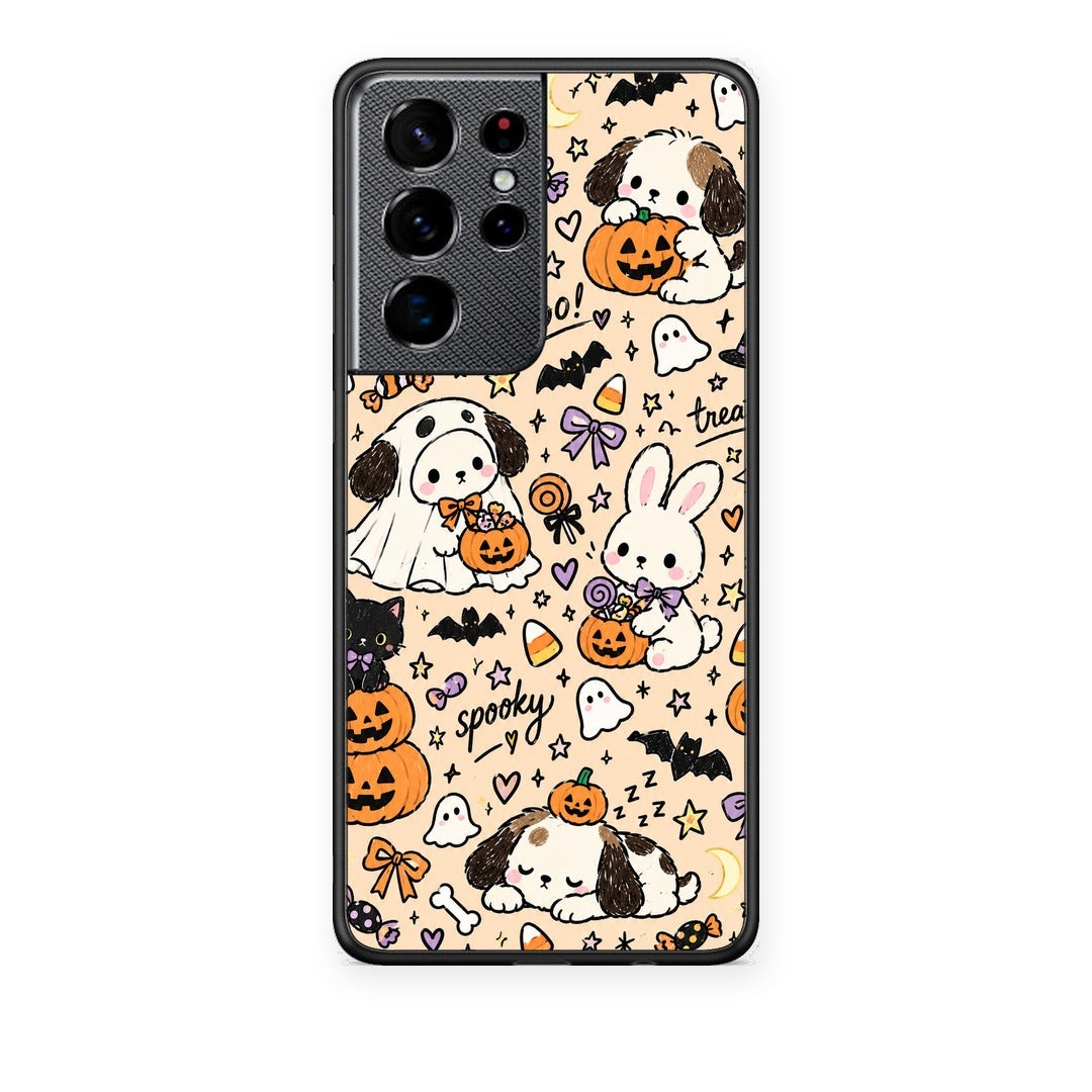 Θήκη Samsung Galaxy S21 Ultra Halloween Puppies and Friends on Cream από τη Smartfits με σχέδιο στο πίσω μέρος και μαύρο περίβλημα | Samsung Galaxy S21 Ultra Halloween Puppies and Friends on Cream case with colorful back and black bezels