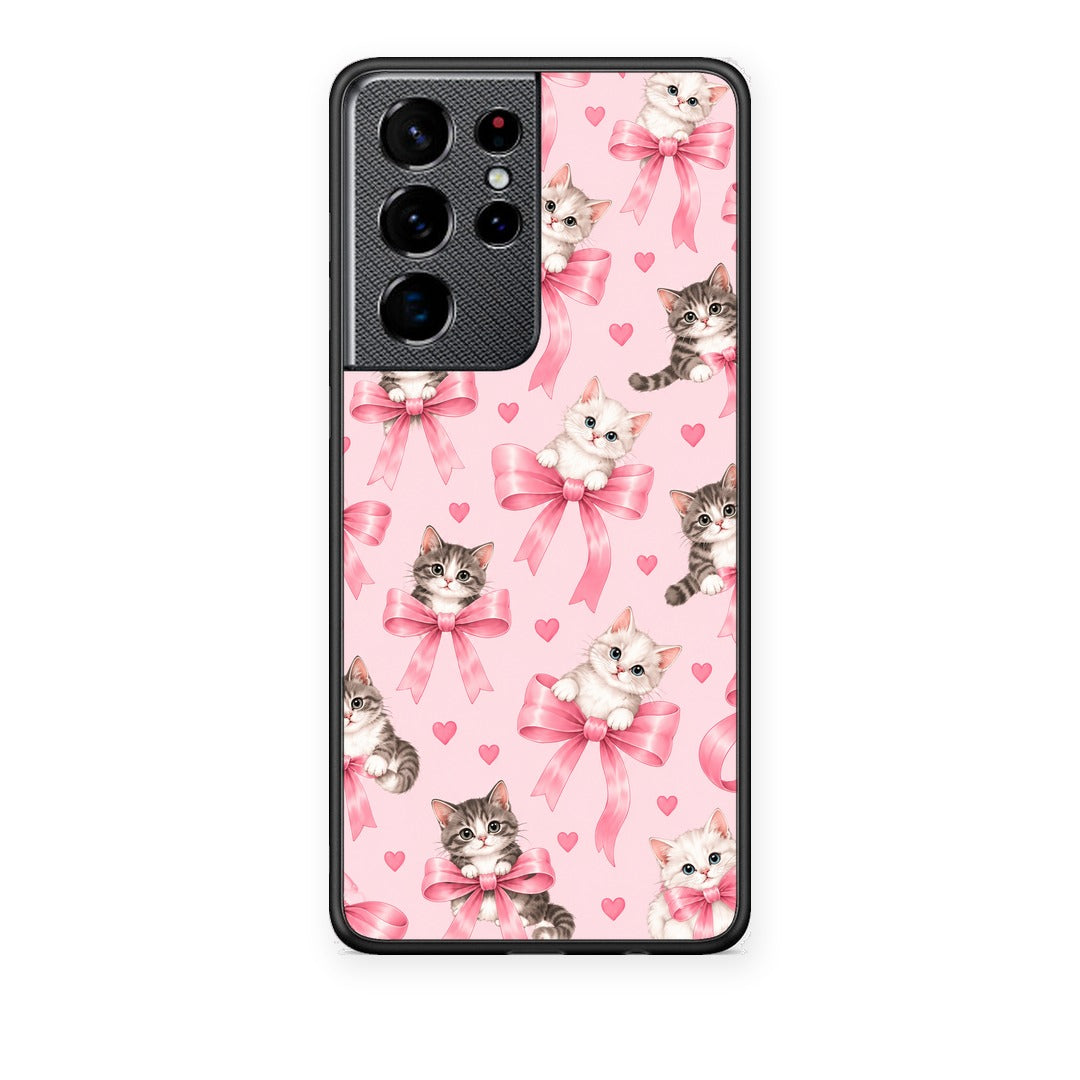 Θήκη Samsung Galaxy S21 Ultra Kittens and Pink Bows on Pink από τη Smartfits με σχέδιο στο πίσω μέρος και μαύρο περίβλημα | Samsung Galaxy S21 Ultra Kittens and Pink Bows on Pink case with colorful back and black bezels