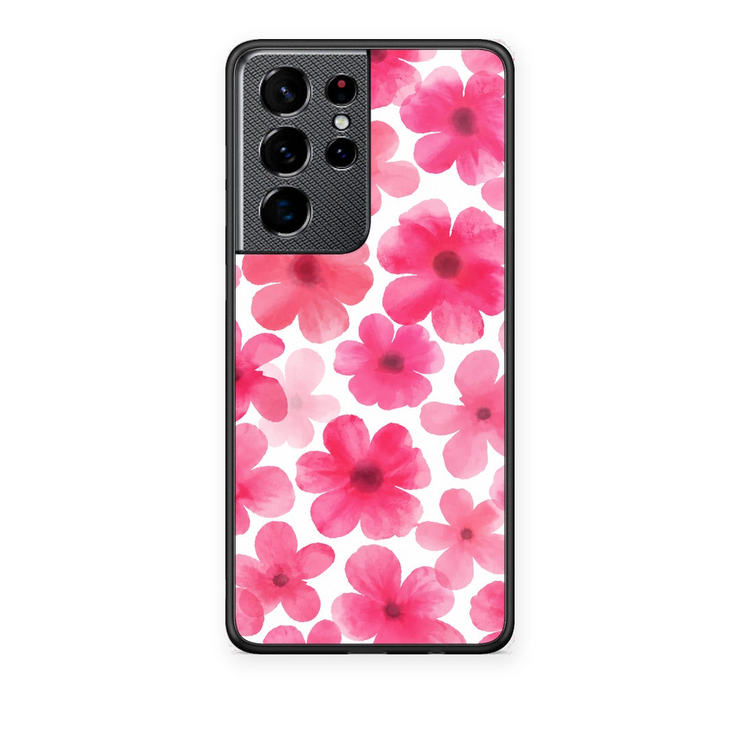 Θήκη Samsung Galaxy S21 Ultra Pink Watercolour Flowers on White από τη Smartfits με σχέδιο στο πίσω μέρος και μαύρο περίβλημα | Samsung Galaxy S21 Ultra Pink Watercolour Flowers on White case with colorful back and black bezels