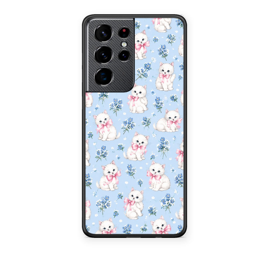 Θήκη Samsung Galaxy S21 Ultra White Kittens and Blue Flowers Small από τη Smartfits με σχέδιο στο πίσω μέρος και μαύρο περίβλημα | Samsung Galaxy S21 Ultra White Kittens and Blue Flowers Small case with colorful back and black bezels