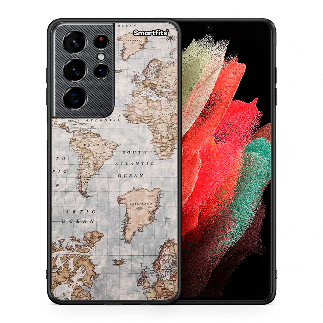 Θήκη Samsung S21 Ultra World Map από τη Smartfits με σχέδιο στο πίσω μέρος και μαύρο περίβλημα | Samsung S21 Ultra World Map case with colorful back and black bezels