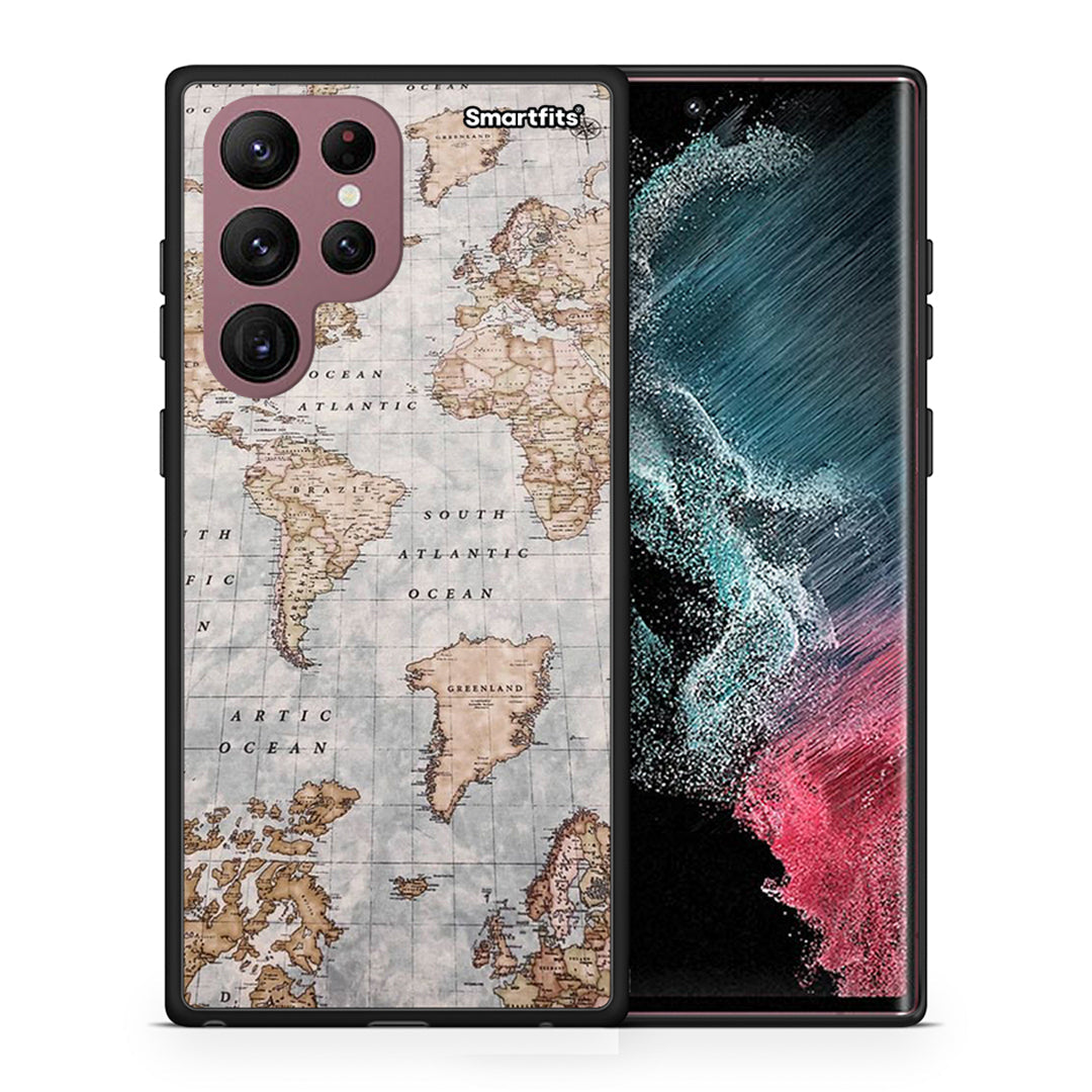 Θήκη Samsung S22 Ultra World Map από τη Smartfits με σχέδιο στο πίσω μέρος και μαύρο περίβλημα | Samsung S22 Ultra World Map case with colorful back and black bezels