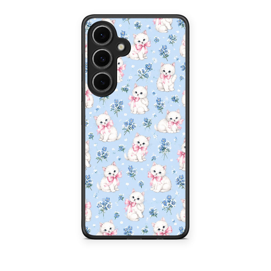 Θήκη Samsung Galaxy S24 FE White Kittens and Blue Flowers Small από τη Smartfits με σχέδιο στο πίσω μέρος και μαύρο περίβλημα | Samsung Galaxy S24 FE White Kittens and Blue Flowers Small case with colorful back and black bezels