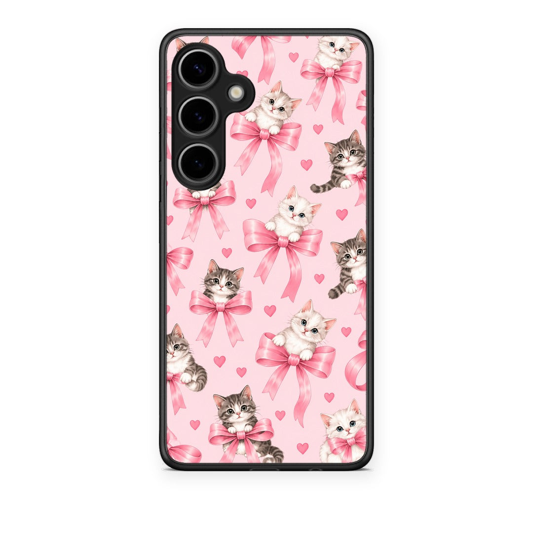 Θήκη Samsung Galaxy S24 Plus Kittens and Pink Bows on Pink από τη Smartfits με σχέδιο στο πίσω μέρος και μαύρο περίβλημα | Samsung Galaxy S24 Plus Kittens and Pink Bows on Pink case with colorful back and black bezels