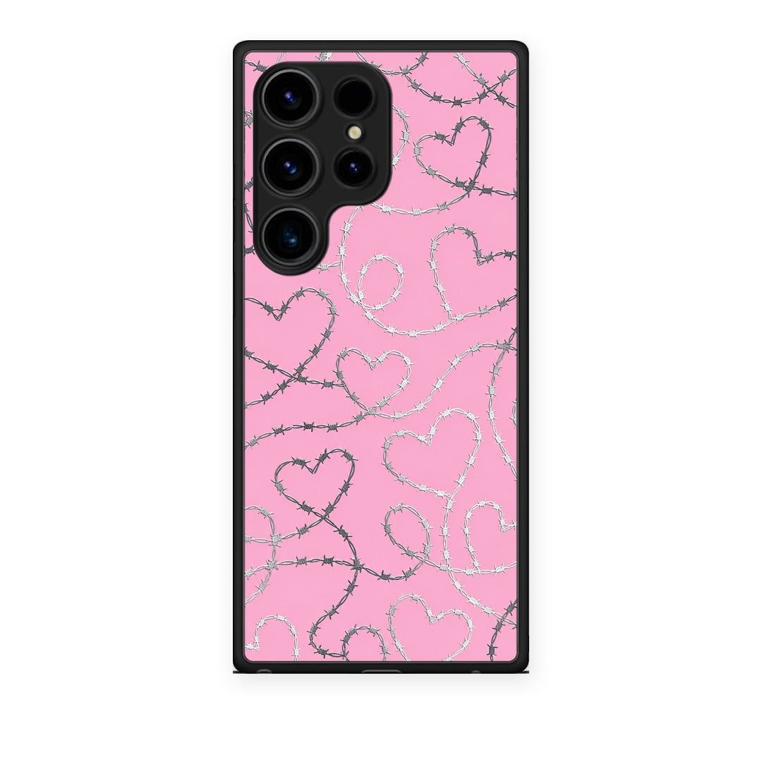 Θήκη Samsung Galaxy S24 Ultra Barbed Wire Hearts on Pink από τη Smartfits με σχέδιο στο πίσω μέρος και μαύρο περίβλημα | Samsung Galaxy S24 Ultra Barbed Wire Hearts on Pink case with colorful back and black bezels
