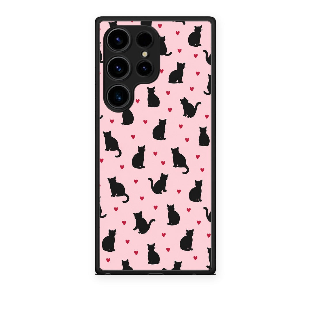 Θήκη Samsung Galaxy S24 Ultra Black Cat Silhouettes and Hearts on Pink από τη Smartfits με σχέδιο στο πίσω μέρος και μαύρο περίβλημα | Samsung Galaxy S24 Ultra Black Cat Silhouettes and Hearts on Pink case with colorful back and black bezels