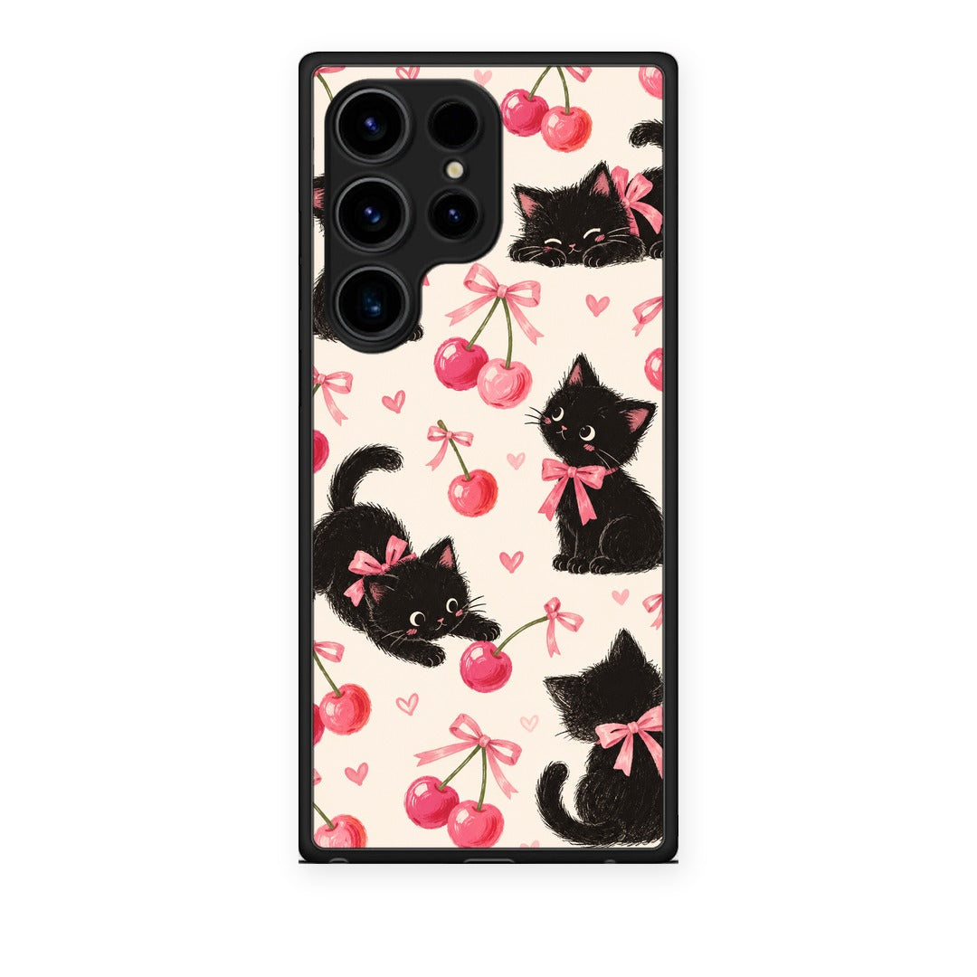 Θήκη Samsung Galaxy S24 Ultra Black Kittens and Cherries on Cream από τη Smartfits με σχέδιο στο πίσω μέρος και μαύρο περίβλημα | Samsung Galaxy S24 Ultra Black Kittens and Cherries on Cream case with colorful back and black bezels