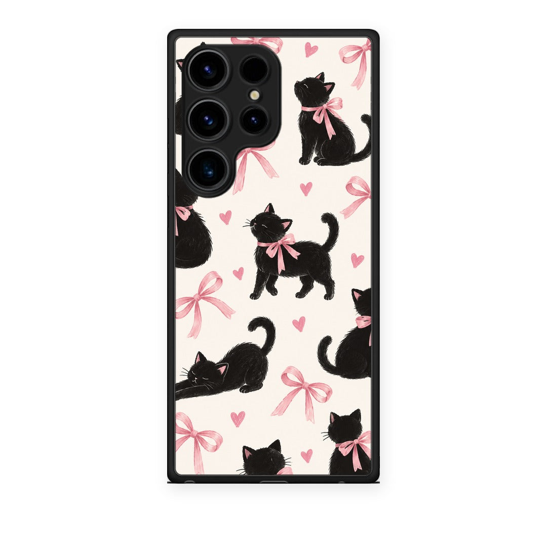 Θήκη Samsung Galaxy S24 Ultra Black Kittens and Pink Bows on Cream Large από τη Smartfits με σχέδιο στο πίσω μέρος και μαύρο περίβλημα | Samsung Galaxy S24 Ultra Black Kittens and Pink Bows on Cream Large case with colorful back and black bezels